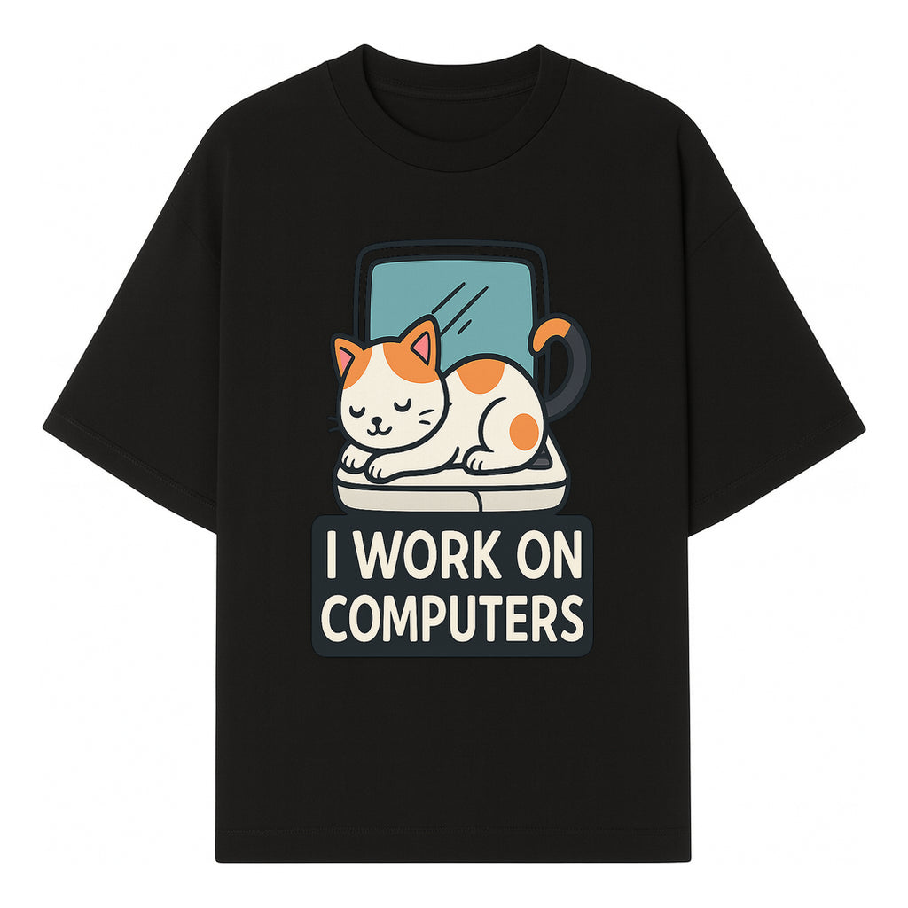 Cat Lover's Desk Decor: 'I Work on Computers' Cute Cat Laptop Design for Tech Enthusiasts and Pet Owners - T-shirt 1758004726321.jpg