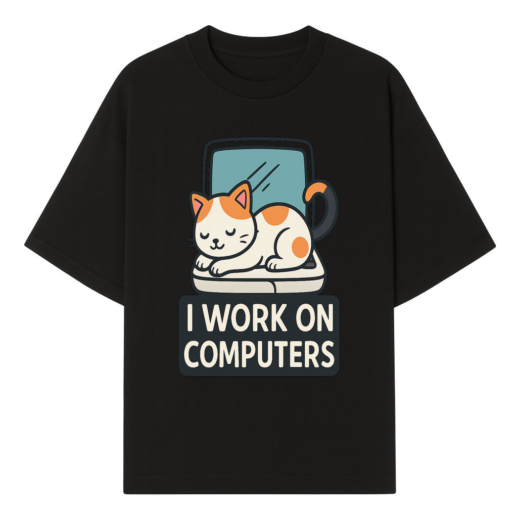 Cat Lover's Desk Decor: 'I Work on Computers' Cute Cat Laptop Design for Tech Enthusiasts and Pet Owners - T-shirt 1758004726321.jpg