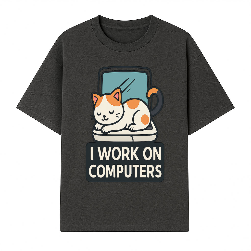 Cat Lover's Desk Decor: 'I Work on Computers' Cute Cat Laptop Design for Tech Enthusiasts and Pet Owners - T-shirt 1758004726485.jpg