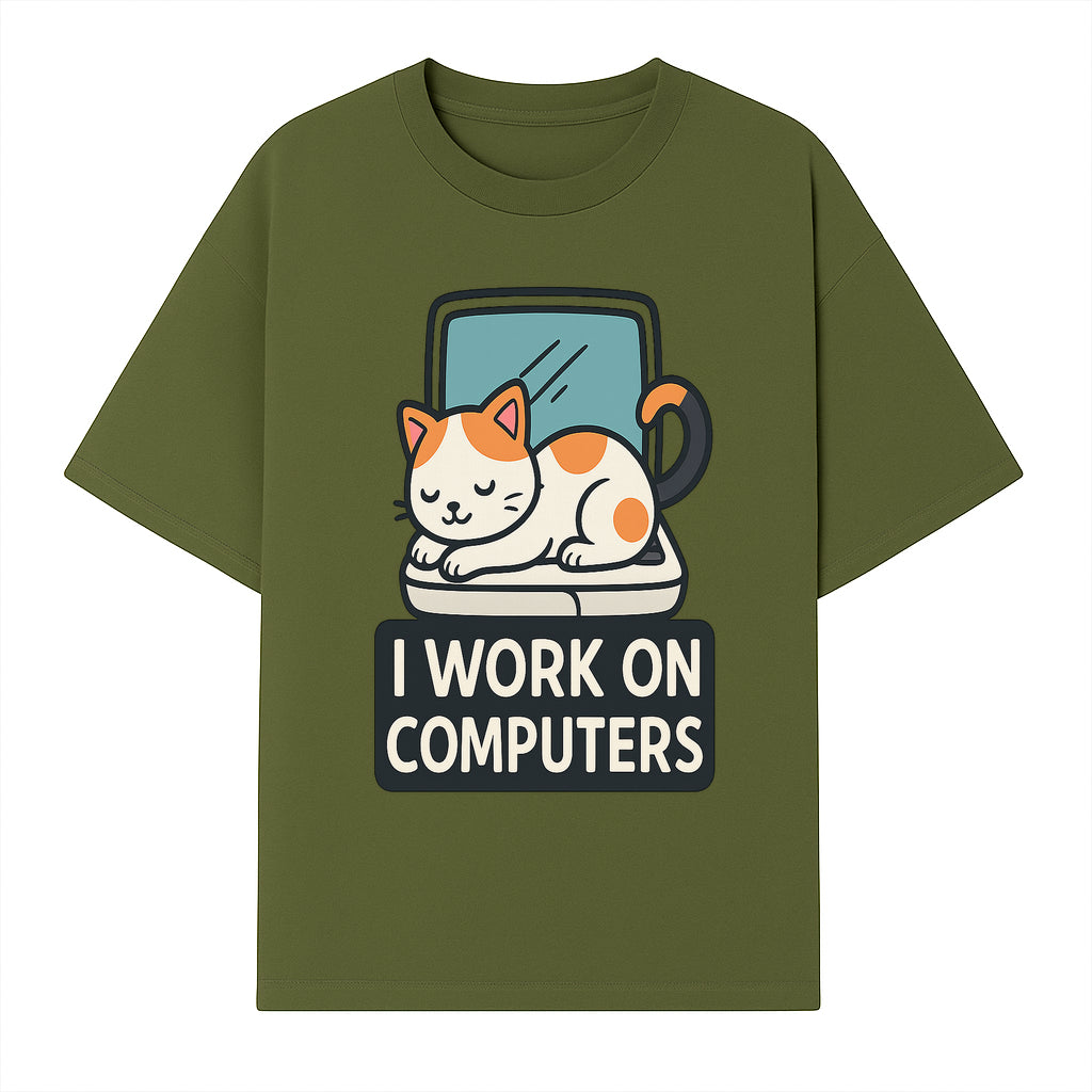 Cat Lover's Desk Decor: 'I Work on Computers' Cute Cat Laptop Design for Tech Enthusiasts and Pet Owners - T-shirt 1758004726637.jpg