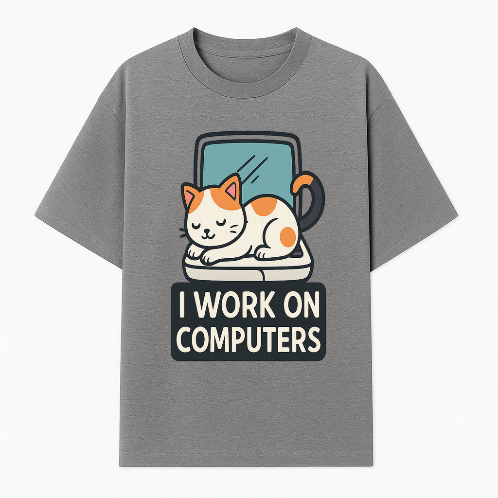 Cat Lover's Desk Decor: 'I Work on Computers' Cute Cat Laptop Design for Tech Enthusiasts and Pet Owners - T-shirt 1758004726772.jpg