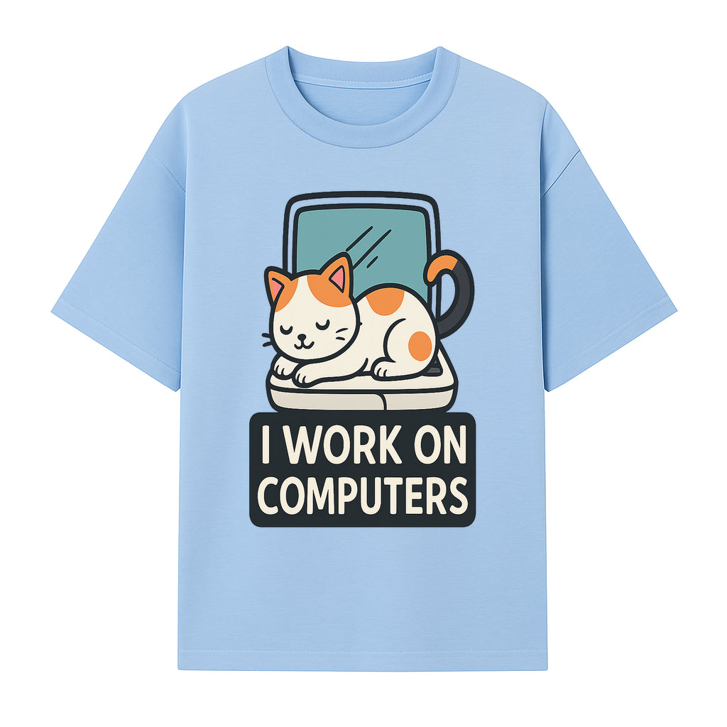 Cat Lover's Desk Decor: 'I Work on Computers' Cute Cat Laptop Design for Tech Enthusiasts and Pet Owners - T-shirt 1758004726915.jpg