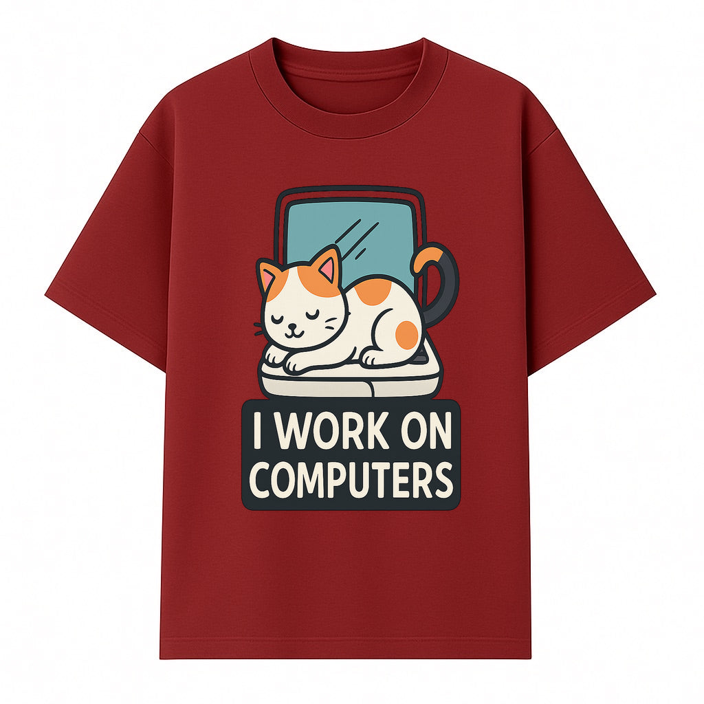 Cat Lover's Desk Decor: 'I Work on Computers' Cute Cat Laptop Design for Tech Enthusiasts and Pet Owners - T-shirt 1758004727243.jpg