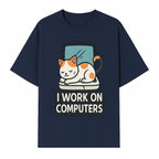 Cat Lover's Desk Decor: 'I Work on Computers' Cute Cat Laptop Design for Tech Enthusiasts and Pet Owners - T-shirt 1758004727379.jpg