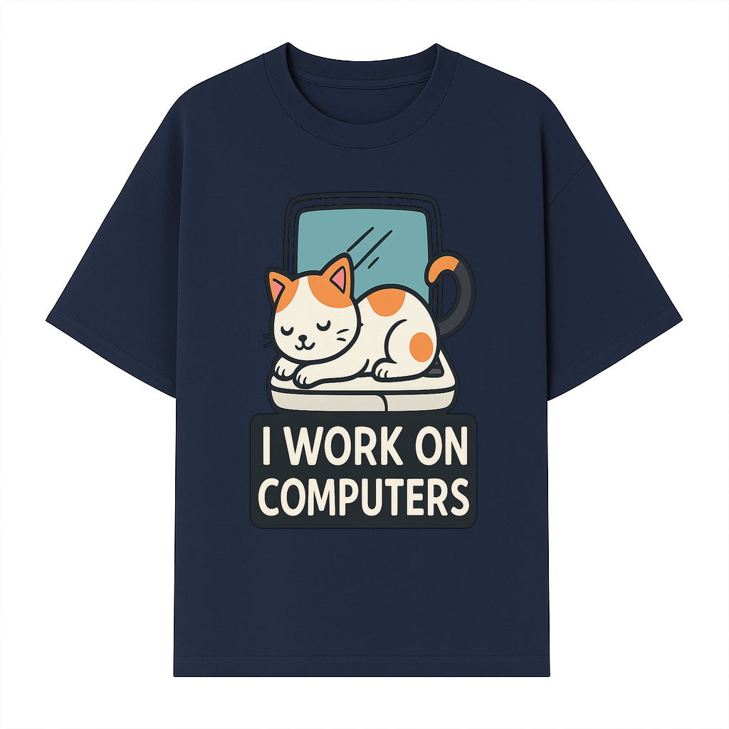 Cat Lover's Desk Decor: 'I Work on Computers' Cute Cat Laptop Design for Tech Enthusiasts and Pet Owners - T-shirt 1758004727379.jpg