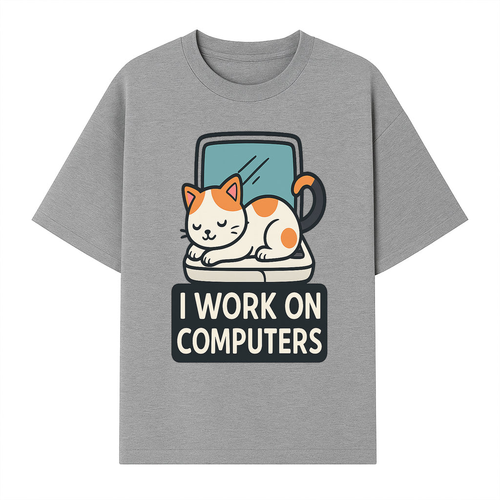 Cat Lover's Desk Decor: 'I Work on Computers' Cute Cat Laptop Design for Tech Enthusiasts and Pet Owners - T-shirt 1758004727702.jpg