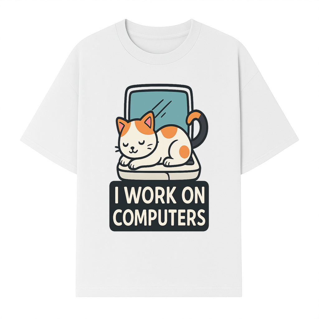 Cat Lover's Desk Decor: 'I Work on Computers' Cute Cat Laptop Design for Tech Enthusiasts and Pet Owners - T-shirt 1758004727869.jpg
