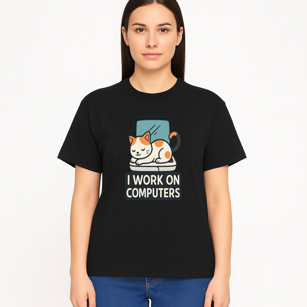 Cat Lover's Desk Decor: 'I Work on Computers' Cute Cat Laptop Design for Tech Enthusiasts and Pet Owners - T-shirt 1758004729168.jpg