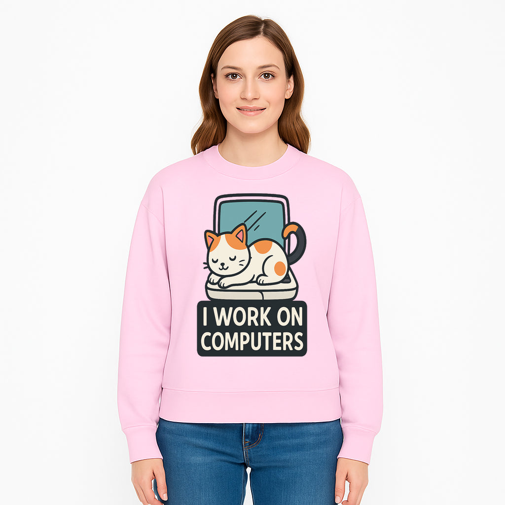Cat Lover's Desk Decor: 'I Work on Computers' Cute Cat Laptop Design for Tech Enthusiasts and Pet Owners - Sweatshirt 1758004732394.jpg