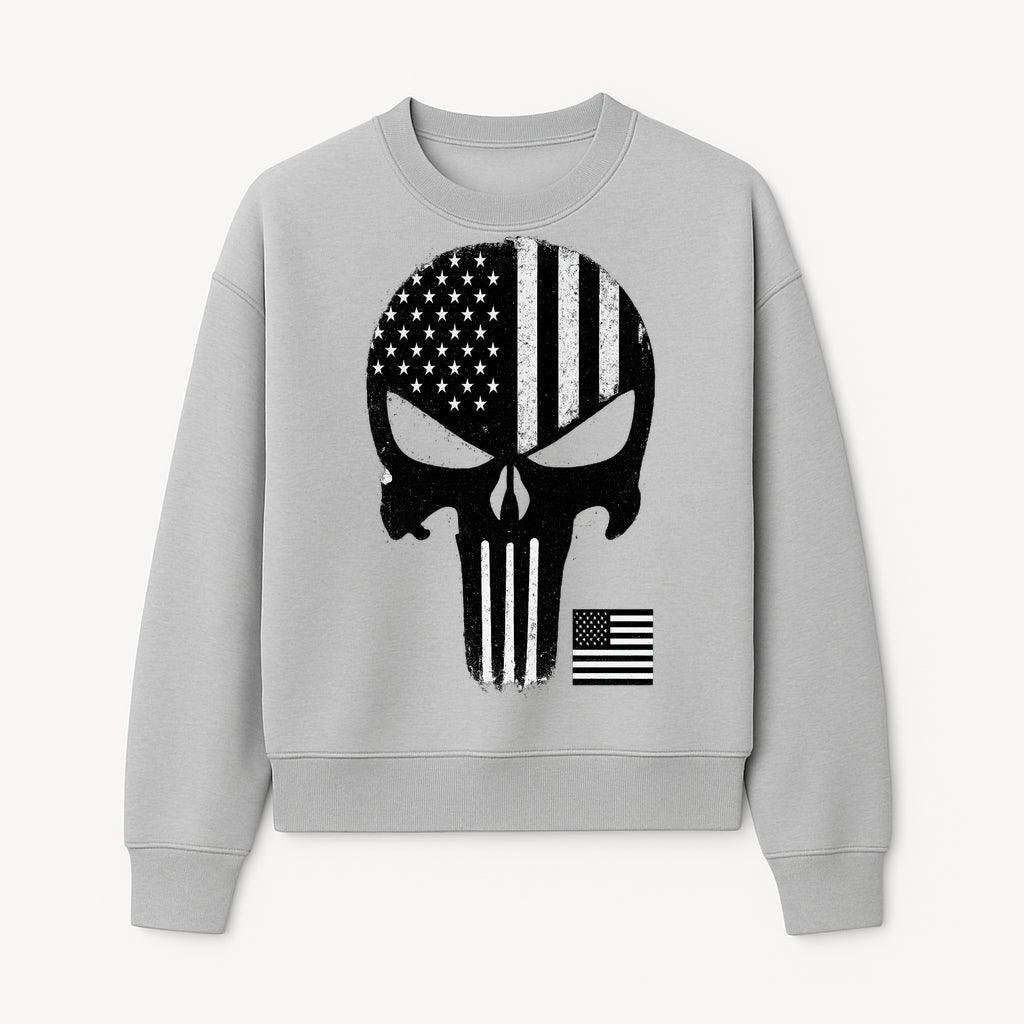 American Flag Skull Graphic Art Print | Punisher Style Decor | Military Inspired Wall Art | Vintage Distressed Artwork for Home - Sweatshirt 1758008577847.jpg