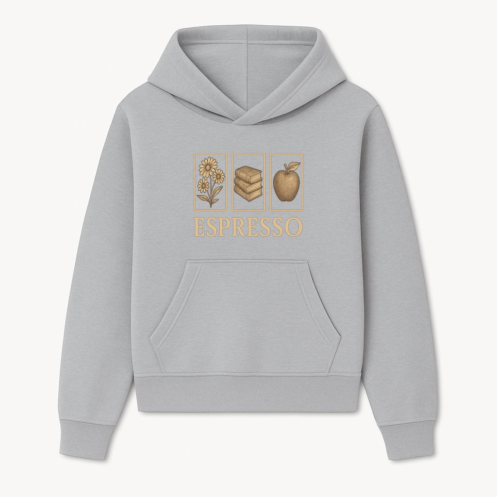 Vintage Espresso Art Print with Flowers, Books, and Apple - Cozy Home Decor for Coffee Lovers and Book Enthusiasts - Hoodie 1758093353047.jpg