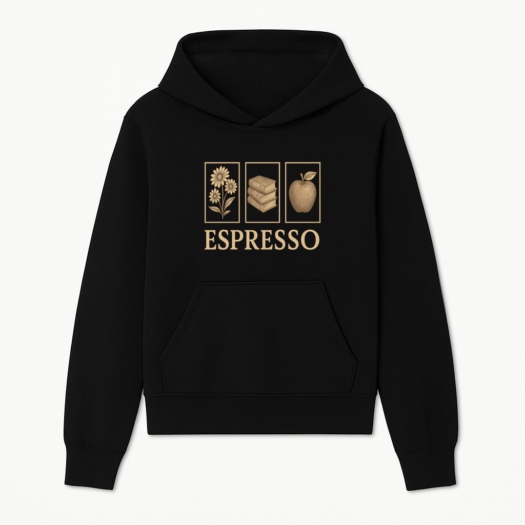 Vintage Espresso Art Print with Flowers, Books, and Apple - Cozy Home Decor for Coffee Lovers and Book Enthusiasts - Hoodie 1758093353215.jpg