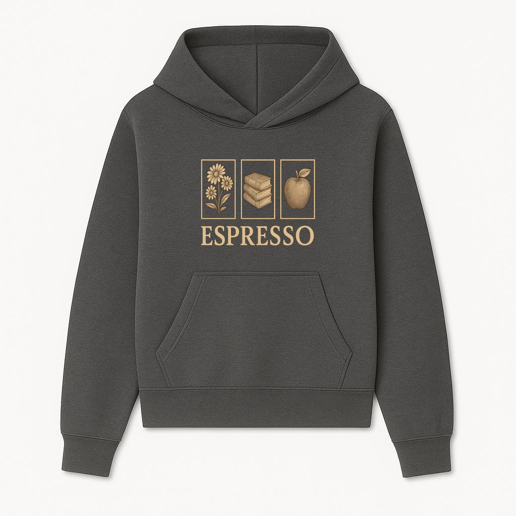 Vintage Espresso Art Print with Flowers, Books, and Apple - Cozy Home Decor for Coffee Lovers and Book Enthusiasts - Hoodie 1758093353372.jpg