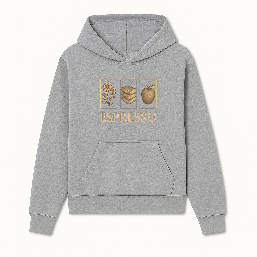 Vintage Espresso Art Print with Flowers, Books, and Apple - Cozy Home Decor for Coffee Lovers and Book Enthusiasts - Hoodie 1758093353695.jpg