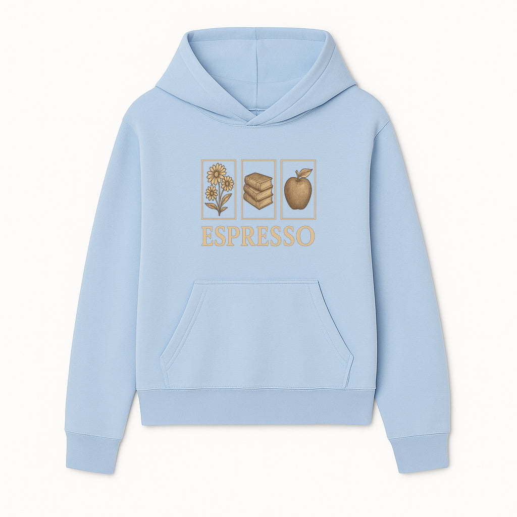 Vintage Espresso Art Print with Flowers, Books, and Apple - Cozy Home Decor for Coffee Lovers and Book Enthusiasts - Hoodie 1758093353868.jpg