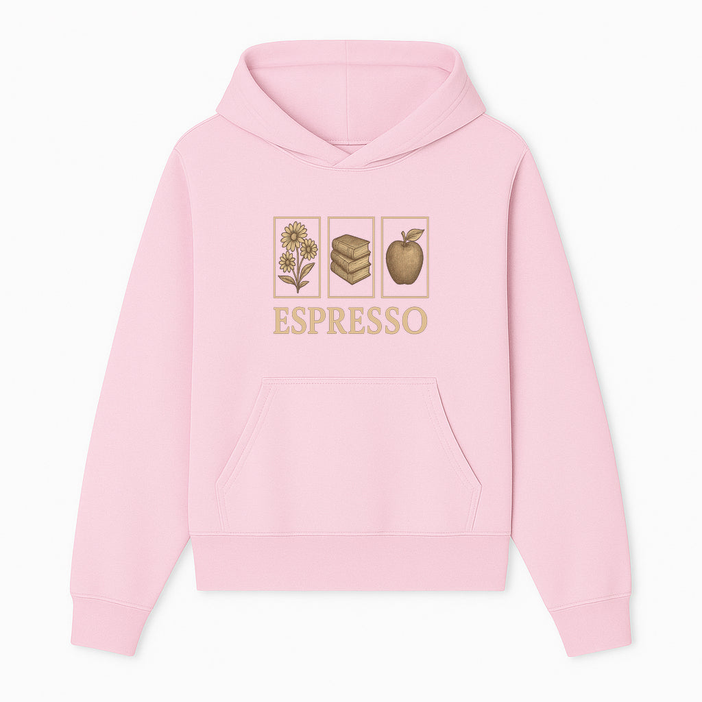 Vintage Espresso Art Print with Flowers, Books, and Apple - Cozy Home Decor for Coffee Lovers and Book Enthusiasts - Hoodie 1758093354053.jpg