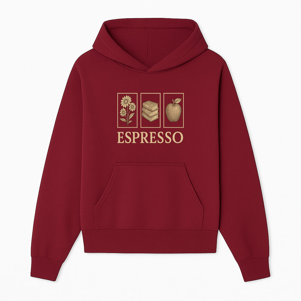 Vintage Espresso Art Print with Flowers, Books, and Apple - Cozy Home Decor for Coffee Lovers and Book Enthusiasts - Hoodie 1758093354191.jpg