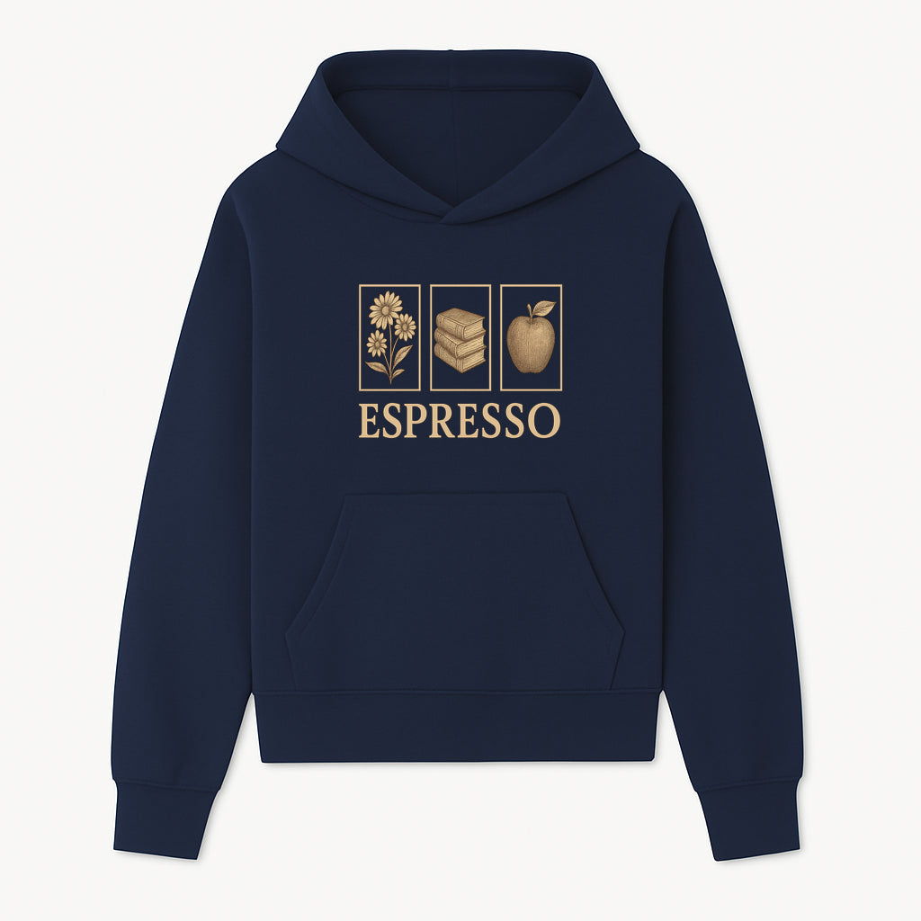 Vintage Espresso Art Print with Flowers, Books, and Apple - Cozy Home Decor for Coffee Lovers and Book Enthusiasts - Hoodie 1758093354377.jpg