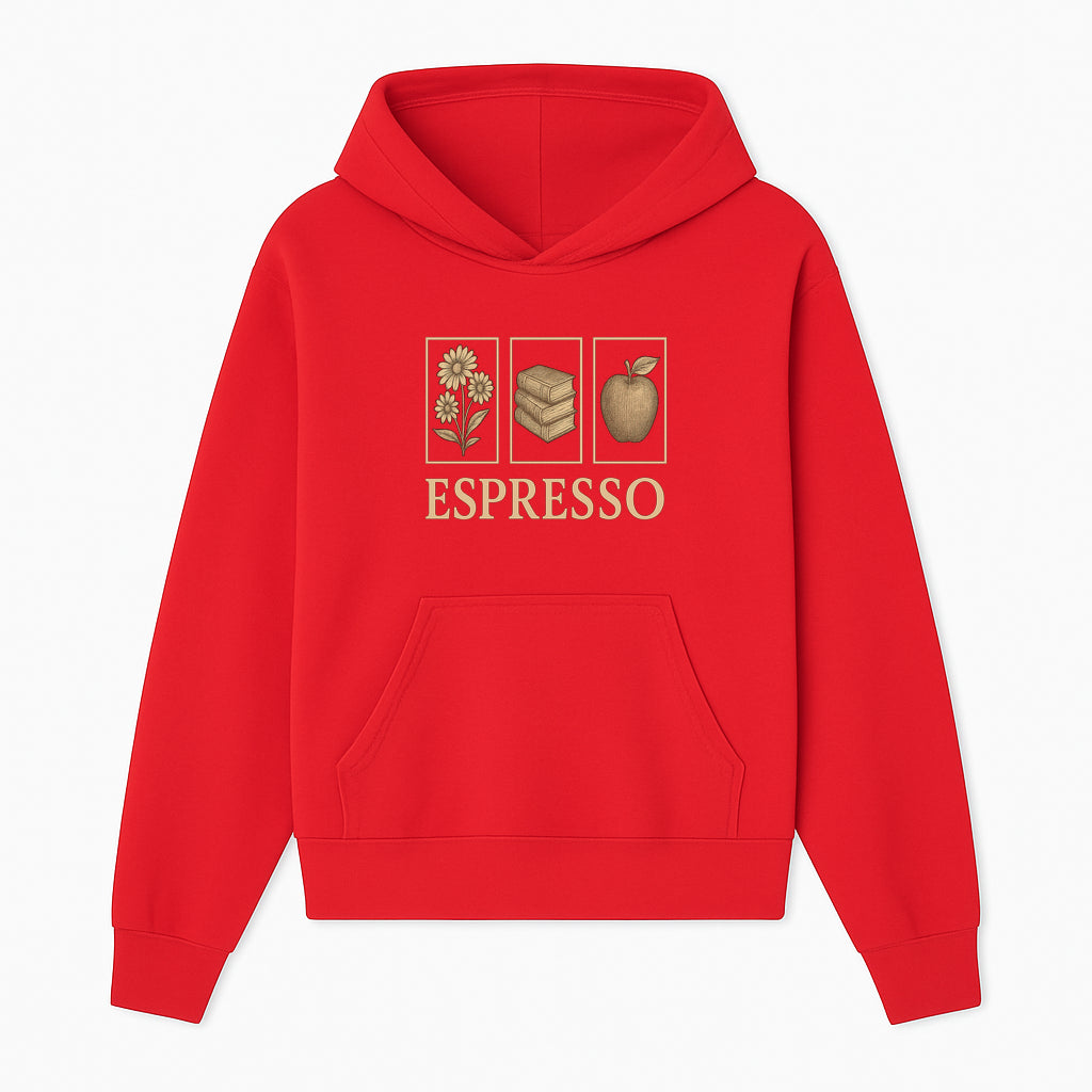 Vintage Espresso Art Print with Flowers, Books, and Apple - Cozy Home Decor for Coffee Lovers and Book Enthusiasts - Hoodie 1758093354543.jpg
