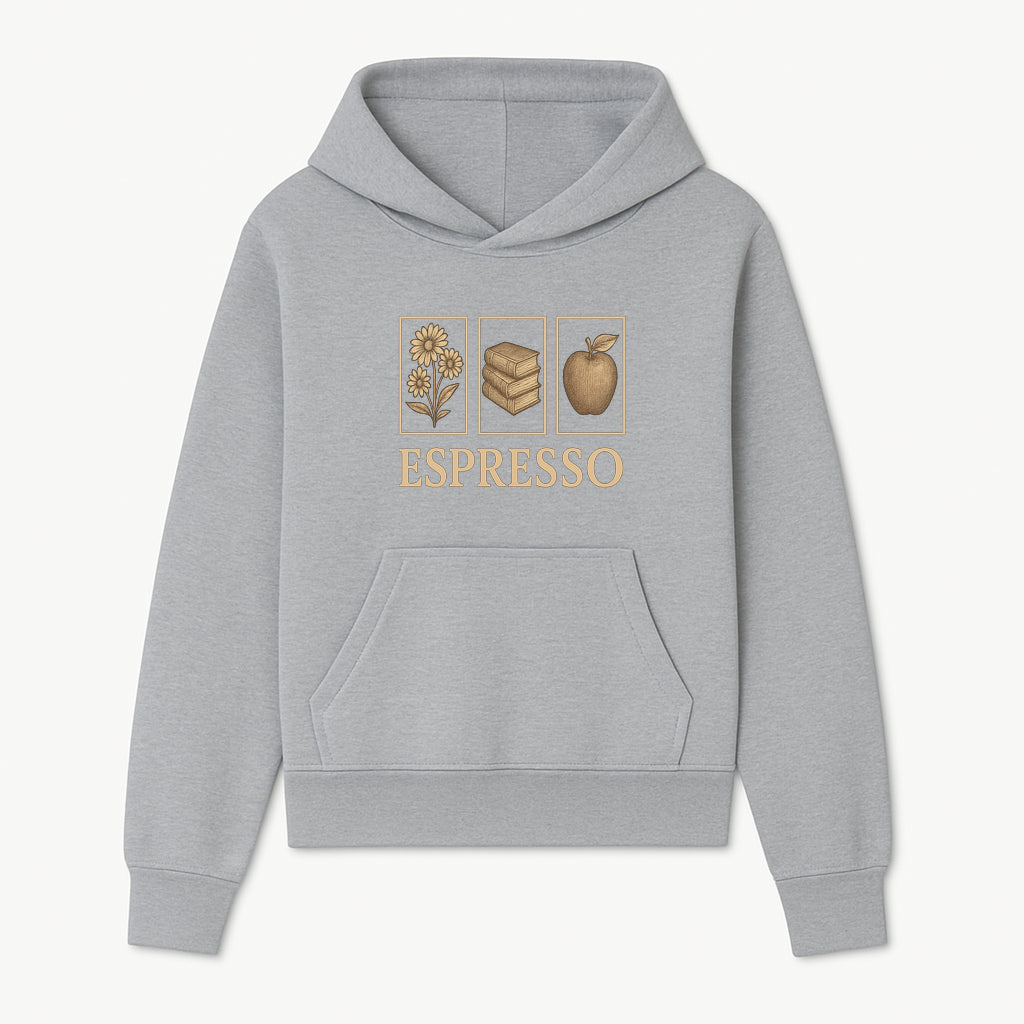 Vintage Espresso Art Print with Flowers, Books, and Apple - Cozy Home Decor for Coffee Lovers and Book Enthusiasts - Hoodie 1758093354704.jpg