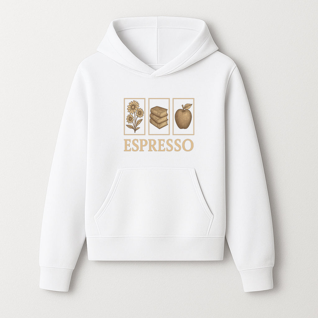 Vintage Espresso Art Print with Flowers, Books, and Apple - Cozy Home Decor for Coffee Lovers and Book Enthusiasts - Hoodie 1758093354846.jpg