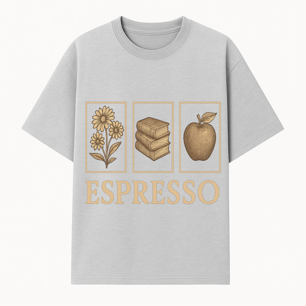 Vintage Espresso Art Print with Flowers, Books, and Apple - Cozy Home Decor for Coffee Lovers and Book Enthusiasts - T-shirt 1758093356383.jpg