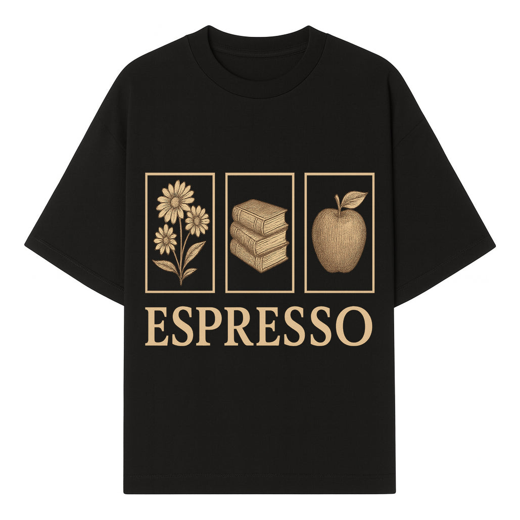 Vintage Espresso Art Print with Flowers, Books, and Apple - Cozy Home Decor for Coffee Lovers and Book Enthusiasts - T-shirt 1758093356560.jpg