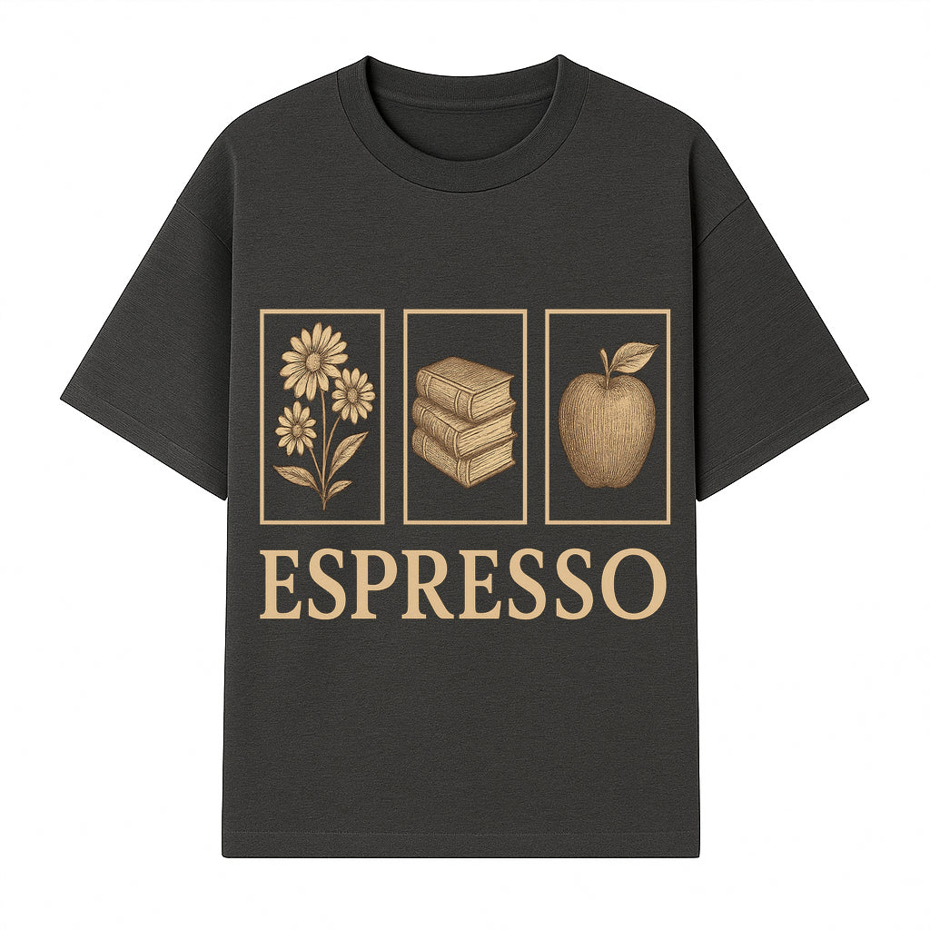 Vintage Espresso Art Print with Flowers, Books, and Apple - Cozy Home Decor for Coffee Lovers and Book Enthusiasts - T-shirt 1758093356756.jpg