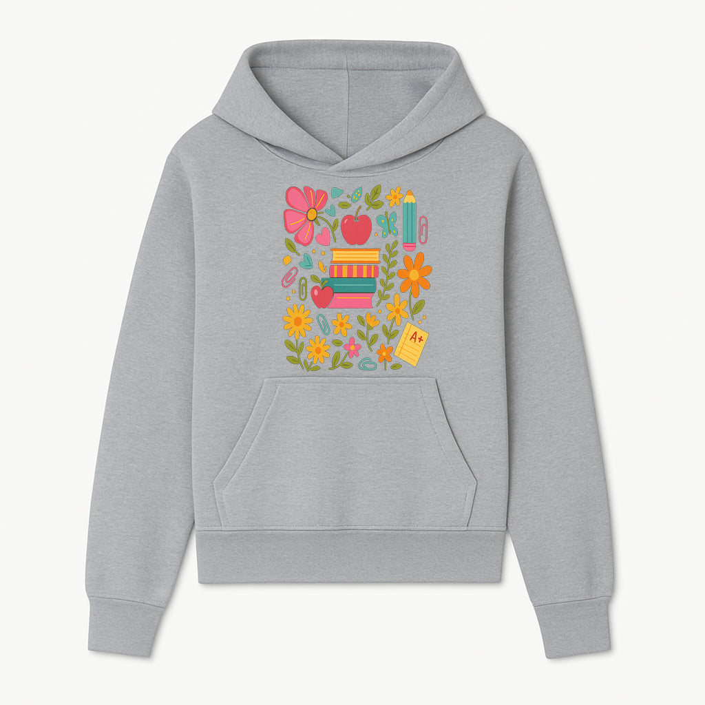 Colorful Back-to-School Illustration with Books, Flowers, and Apples, Perfect for Classroom Decor or Stationery - Hoodie 1758093356810.jpg