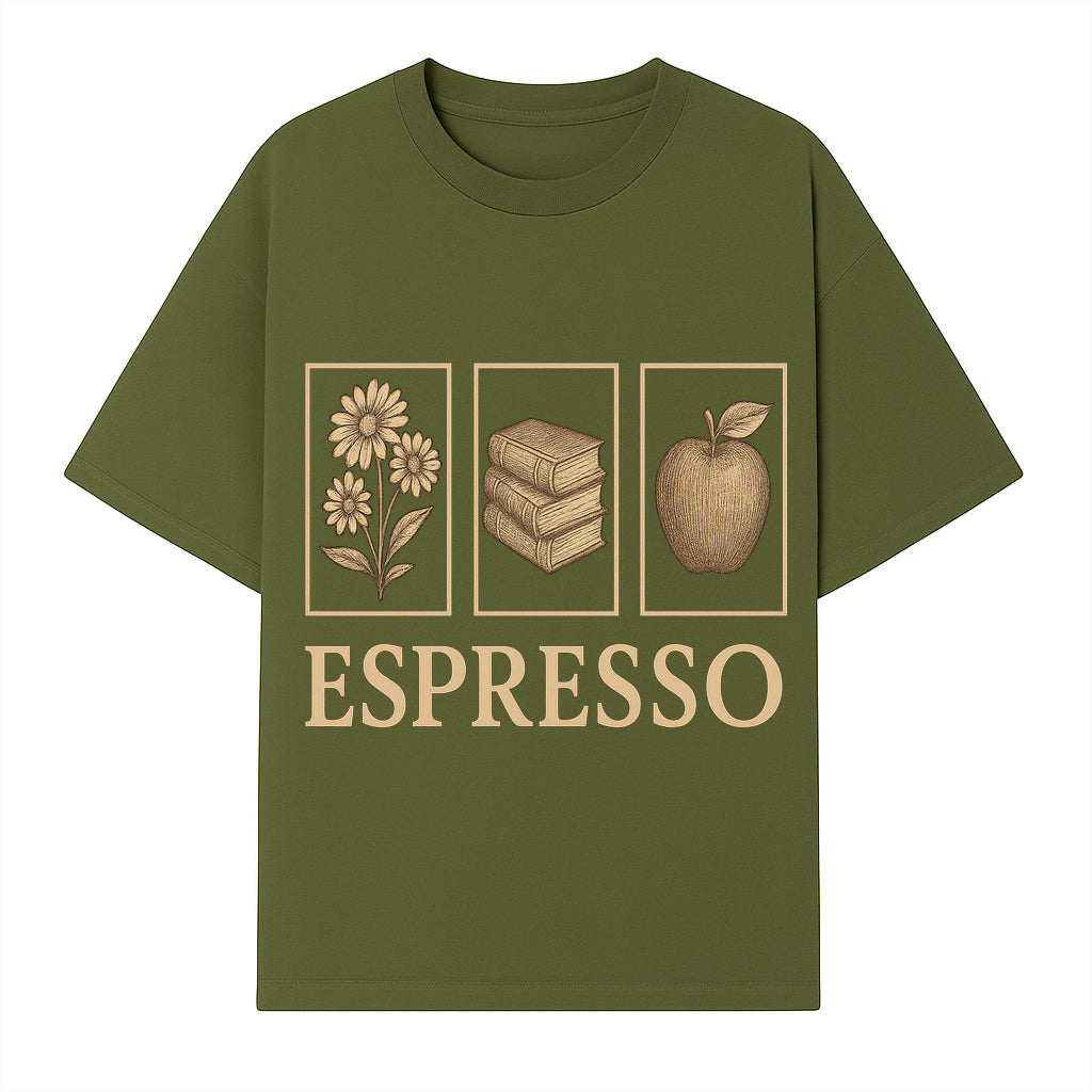 Vintage Espresso Art Print with Flowers, Books, and Apple - Cozy Home Decor for Coffee Lovers and Book Enthusiasts - T-shirt 1758093356929.jpg