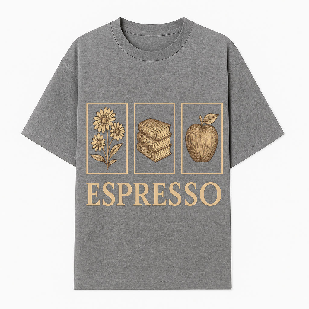 Vintage Espresso Art Print with Flowers, Books, and Apple - Cozy Home Decor for Coffee Lovers and Book Enthusiasts - T-shirt 1758093357063.jpg