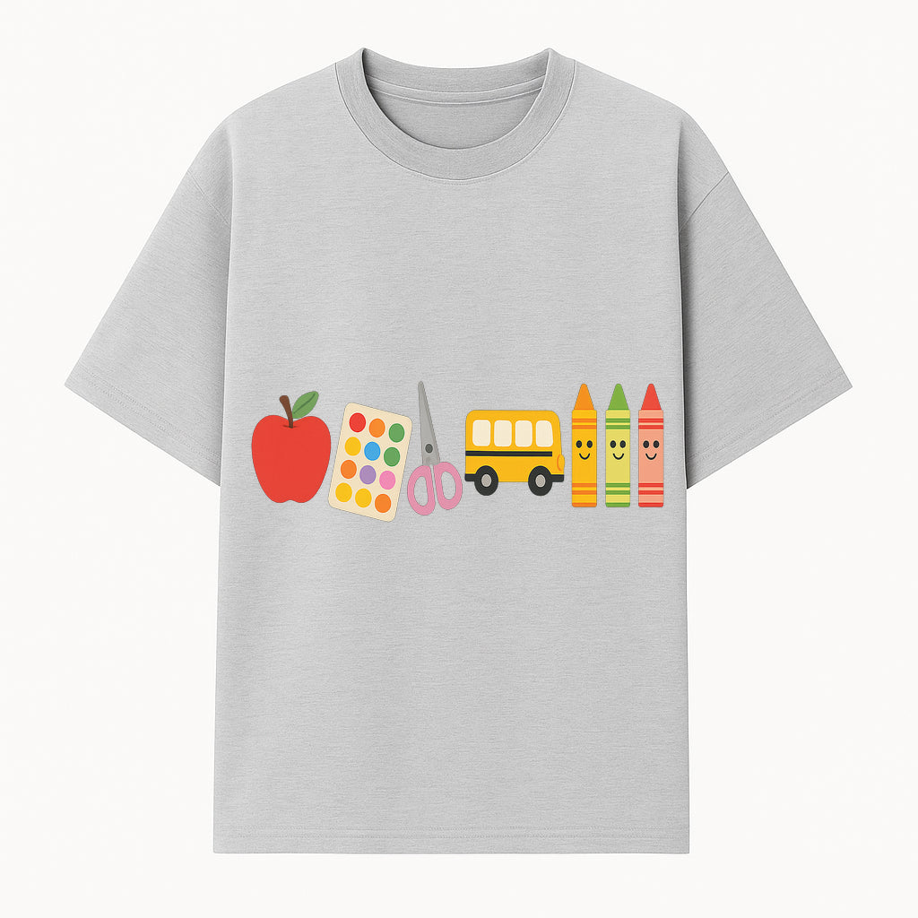 Colorful Kids' School Supplies Wall Art D cor - Apple, Crayons, Scissors & Bus - Classroom or Playroom Decoration - T-shirt 1758093357209.jpg