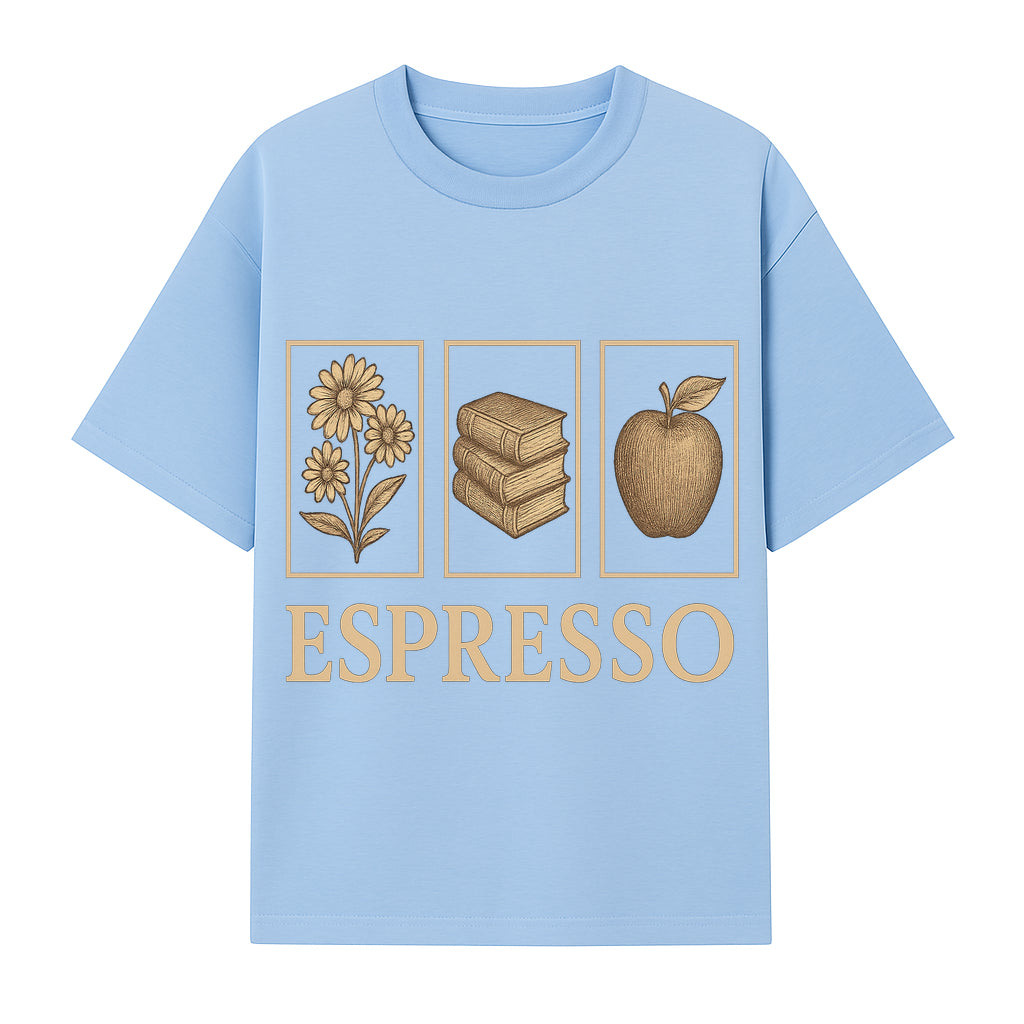 Vintage Espresso Art Print with Flowers, Books, and Apple - Cozy Home Decor for Coffee Lovers and Book Enthusiasts - T-shirt 1758093357238.jpg