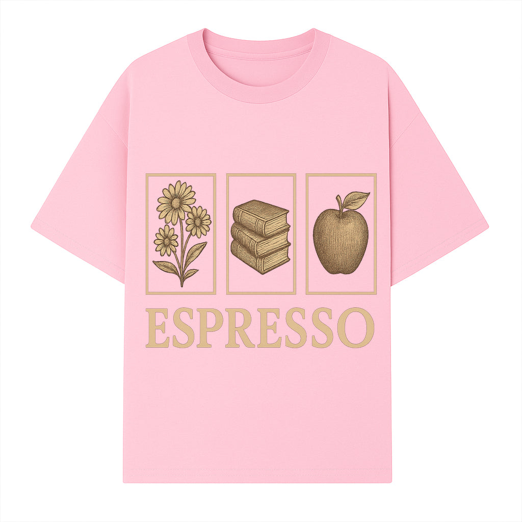 Vintage Espresso Art Print with Flowers, Books, and Apple - Cozy Home Decor for Coffee Lovers and Book Enthusiasts - T-shirt 1758093357427.jpg