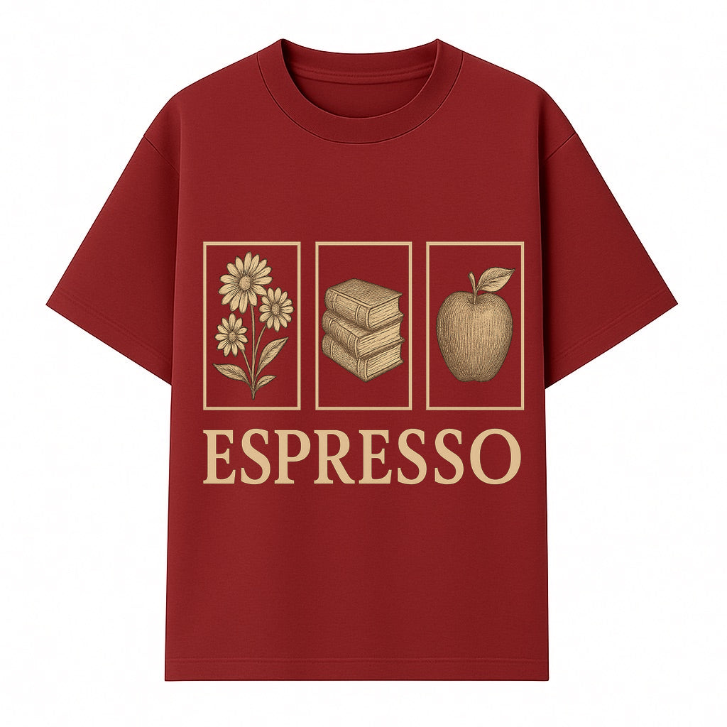 Vintage Espresso Art Print with Flowers, Books, and Apple - Cozy Home Decor for Coffee Lovers and Book Enthusiasts - T-shirt 1758093357570.jpg