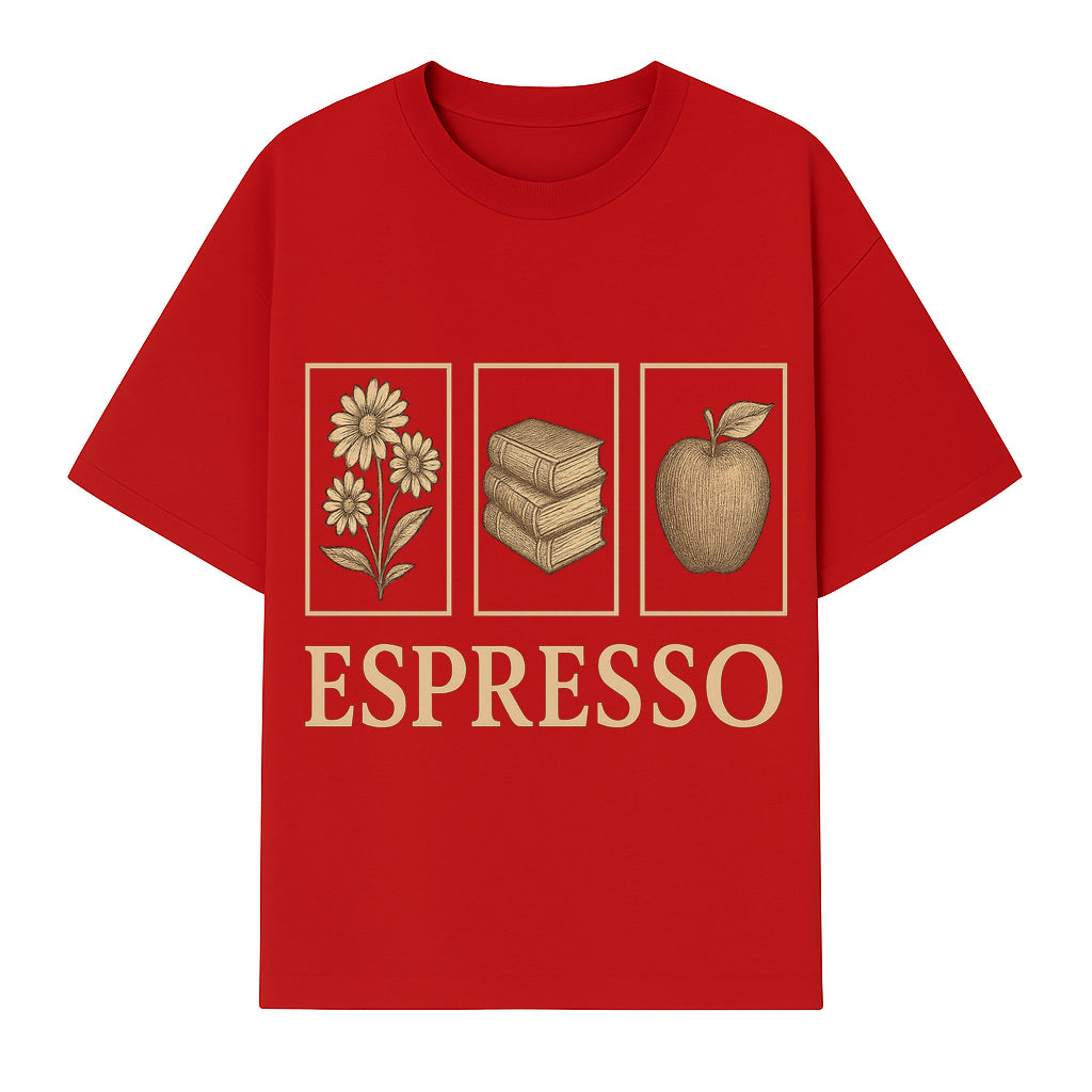 Vintage Espresso Art Print with Flowers, Books, and Apple - Cozy Home Decor for Coffee Lovers and Book Enthusiasts - T-shirt 1758093357886.jpg