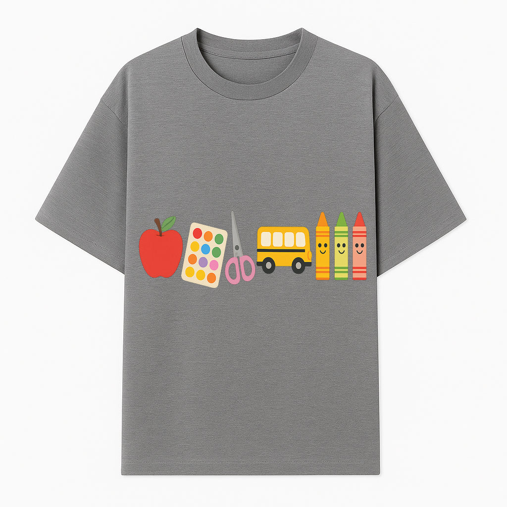 Colorful Kids' School Supplies Wall Art D cor - Apple, Crayons, Scissors & Bus - Classroom or Playroom Decoration - T-shirt 1758093357913.jpg