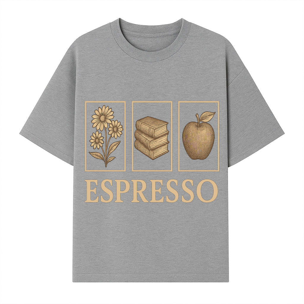 Vintage Espresso Art Print with Flowers, Books, and Apple - Cozy Home Decor for Coffee Lovers and Book Enthusiasts - T-shirt 1758093358046.jpg