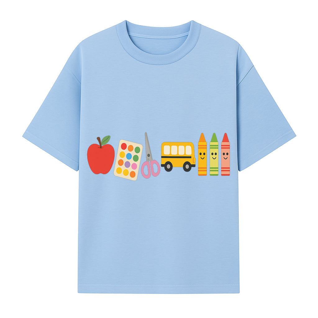 Colorful Kids' School Supplies Wall Art D cor - Apple, Crayons, Scissors & Bus - Classroom or Playroom Decoration - T-shirt 1758093358105.jpg