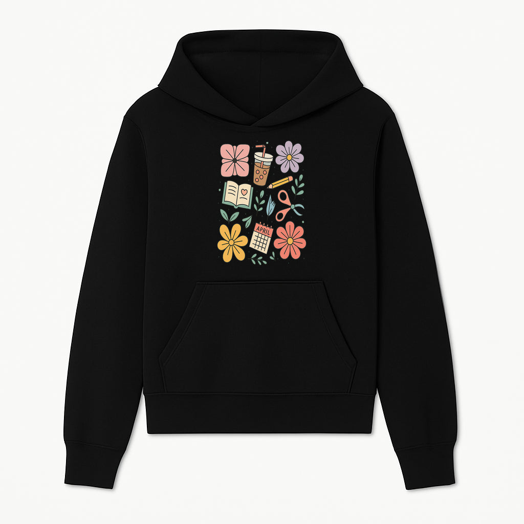 Colorful Spring Doodles Print - Flowers, Book, Scissors, Calendar - April Theme - Cute Stationery Decor - Wall Art for Home or Office - Hoodie 1758093358202.jpg