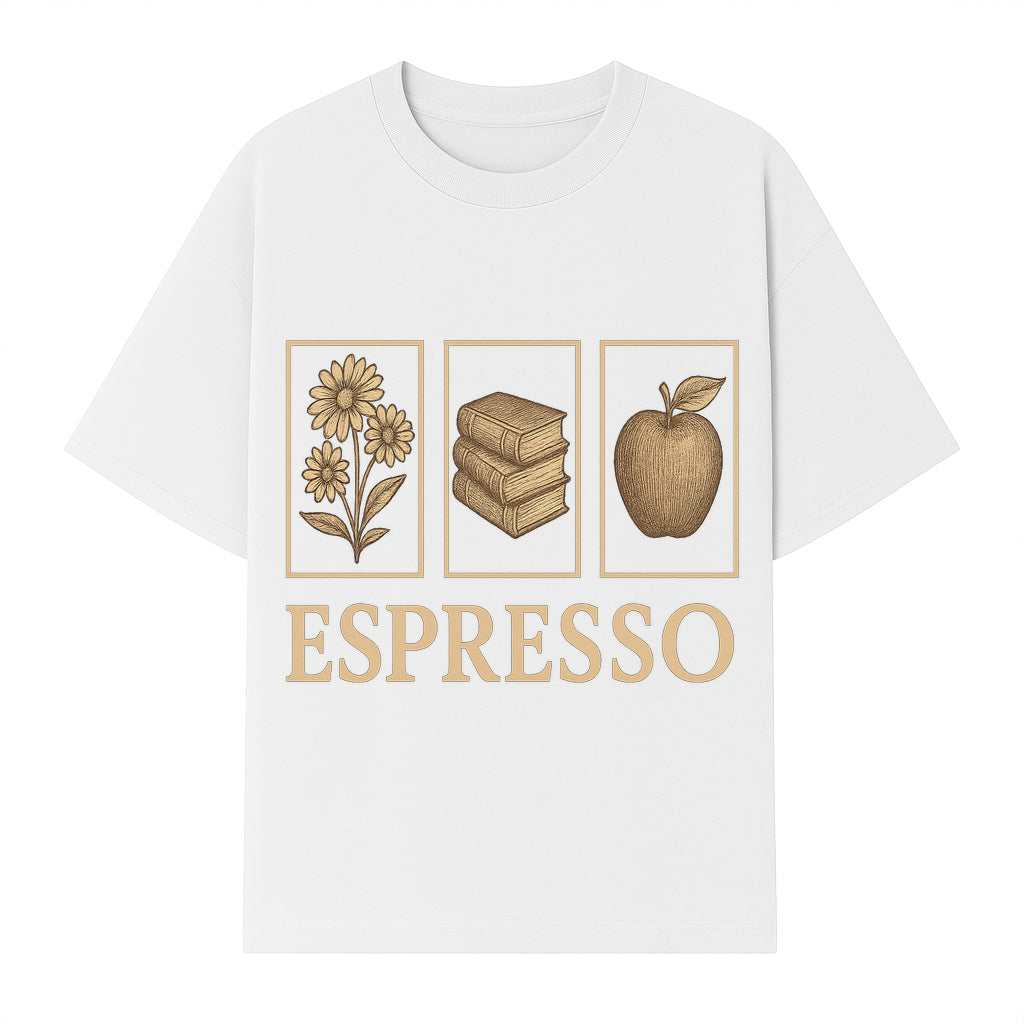 Vintage Espresso Art Print with Flowers, Books, and Apple - Cozy Home Decor for Coffee Lovers and Book Enthusiasts - T-shirt 1758093358215.jpg