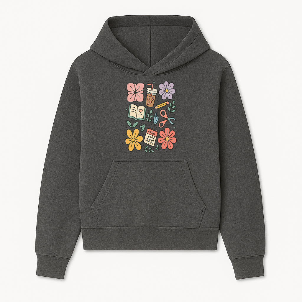 Colorful Spring Doodles Print - Flowers, Book, Scissors, Calendar - April Theme - Cute Stationery Decor - Wall Art for Home or Office - Hoodie 1758093358389.jpg