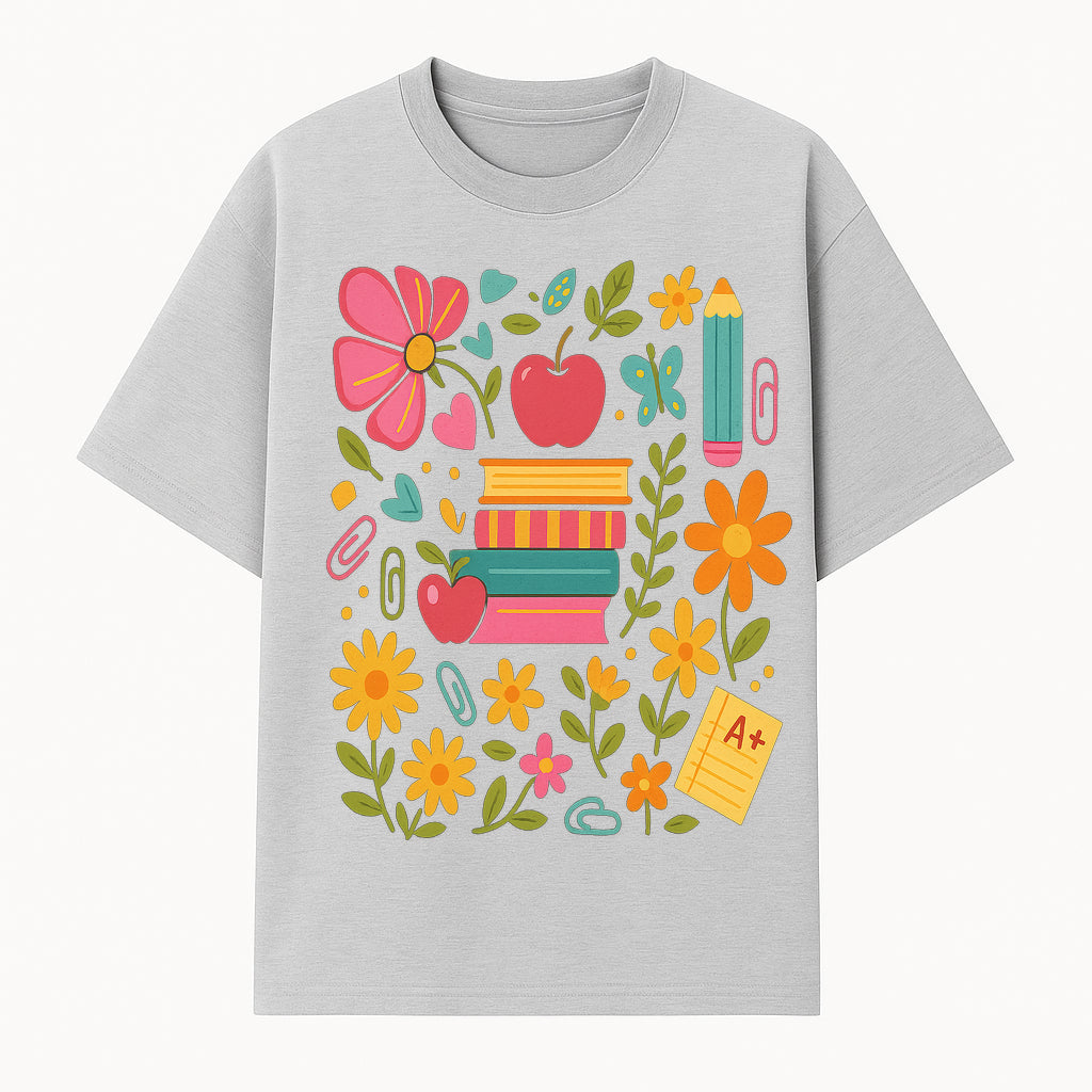 Colorful Back-to-School Illustration with Books, Flowers, and Apples, Perfect for Classroom Decor or Stationery - T-shirt 1758093358531.jpg