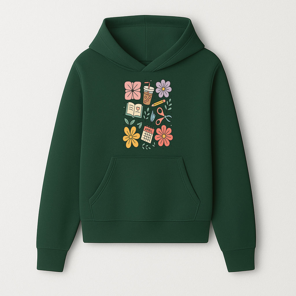 Colorful Spring Doodles Print - Flowers, Book, Scissors, Calendar - April Theme - Cute Stationery Decor - Wall Art for Home or Office - Hoodie 1758093358584.jpg