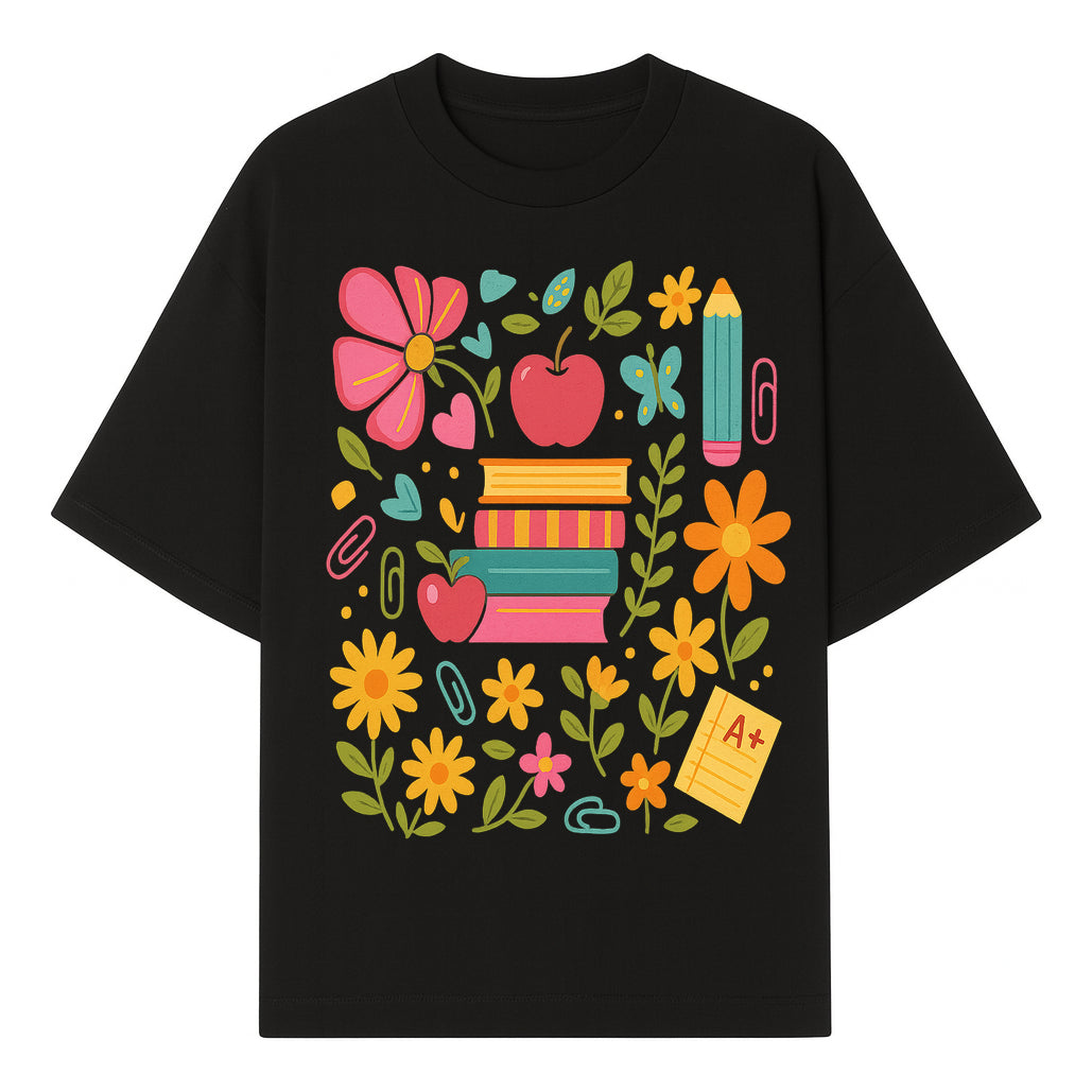 Colorful Back-to-School Illustration with Books, Flowers, and Apples, Perfect for Classroom Decor or Stationery - T-shirt 1758093358684.jpg
