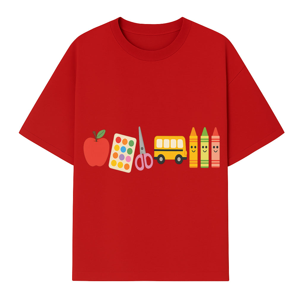 Colorful Kids' School Supplies Wall Art D cor - Apple, Crayons, Scissors & Bus - Classroom or Playroom Decoration - T-shirt 1758093358746.jpg