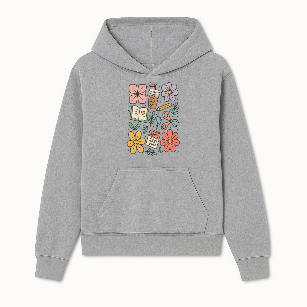 Colorful Spring Doodles Print - Flowers, Book, Scissors, Calendar - April Theme - Cute Stationery Decor - Wall Art for Home or Office - Hoodie 1758093358810.jpg