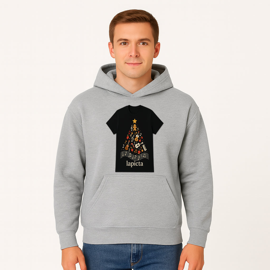 Music-Themed Christmas Tree T-Shirt, Musical Notes & Gingerbread Design, Holiday Apparel for Music Lovers, Casual Festive Tee - Hoodie 1758093359013.jpg