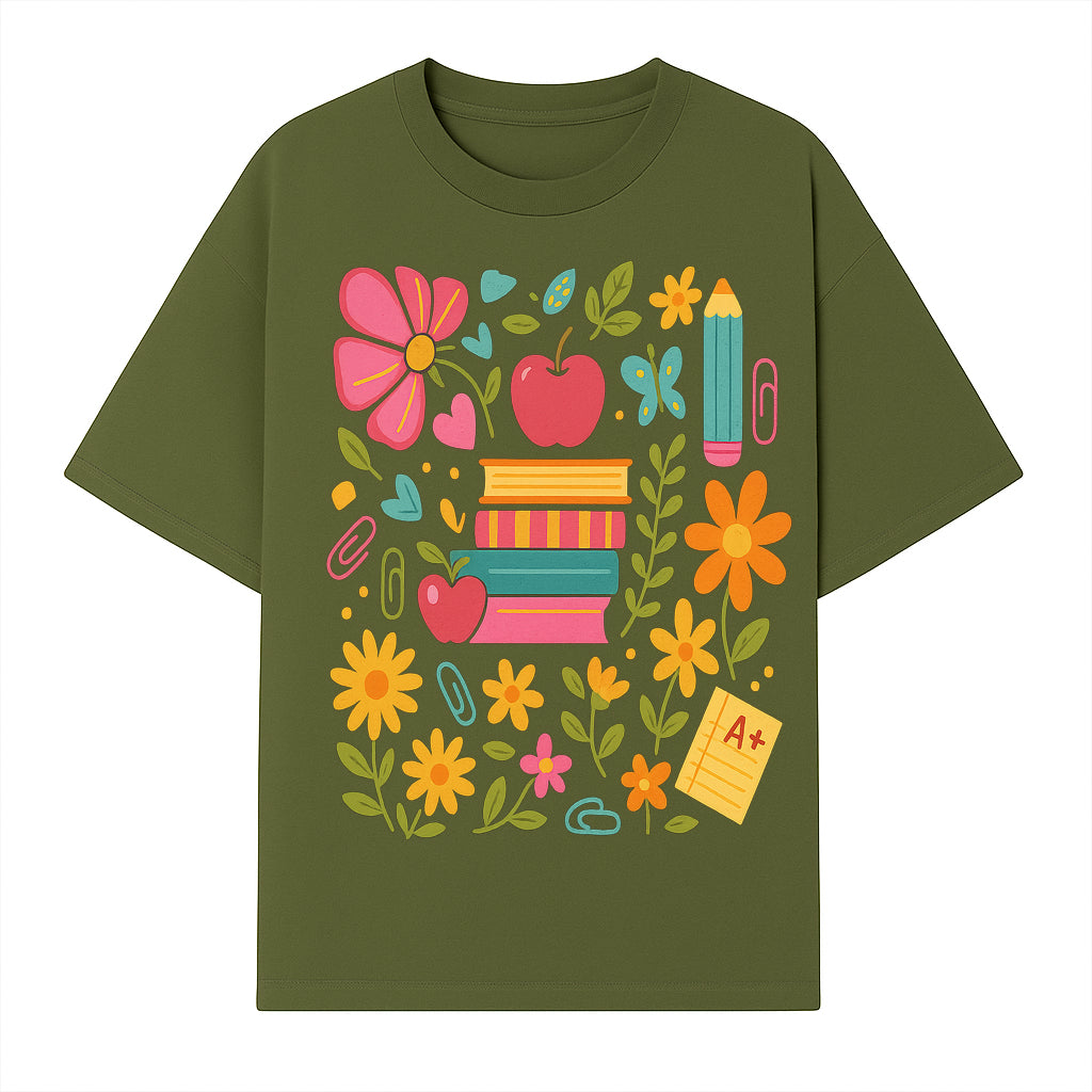 Colorful Back-to-School Illustration with Books, Flowers, and Apples, Perfect for Classroom Decor or Stationery - T-shirt 1758093359035.jpg