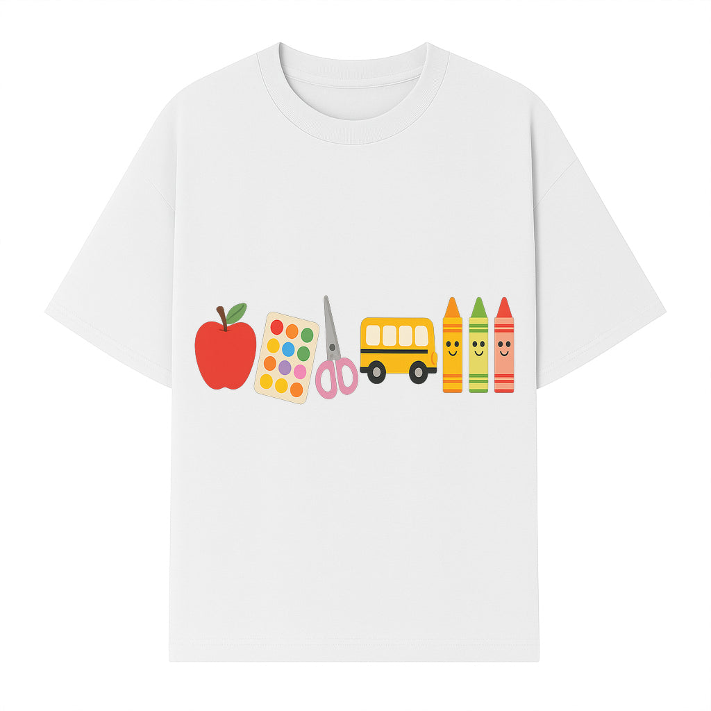 Colorful Kids' School Supplies Wall Art D cor - Apple, Crayons, Scissors & Bus - Classroom or Playroom Decoration - T-shirt 1758093359099.jpg
